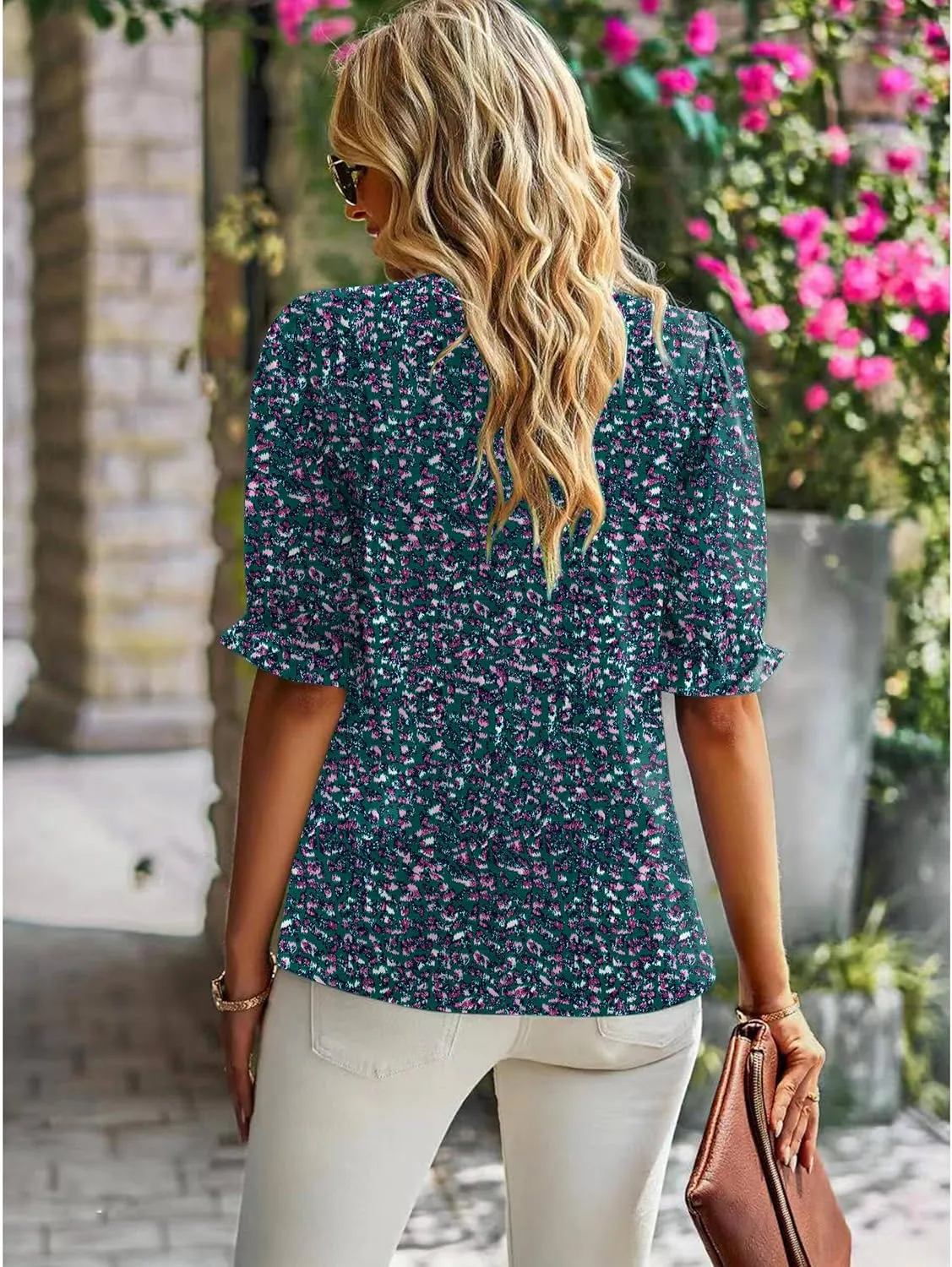 ZILIN Women's Summer Boho Floral Shirt Top Ruffle Mock Neck Puff Short Sleeve 2024 Casual Blouses