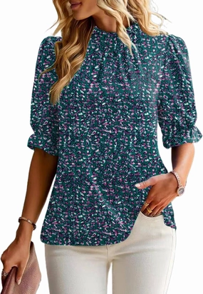 ZILIN Women's Summer Boho Floral Shirt Top Ruffle Mock Neck Puff Short Sleeve 2024 Casual Blouses