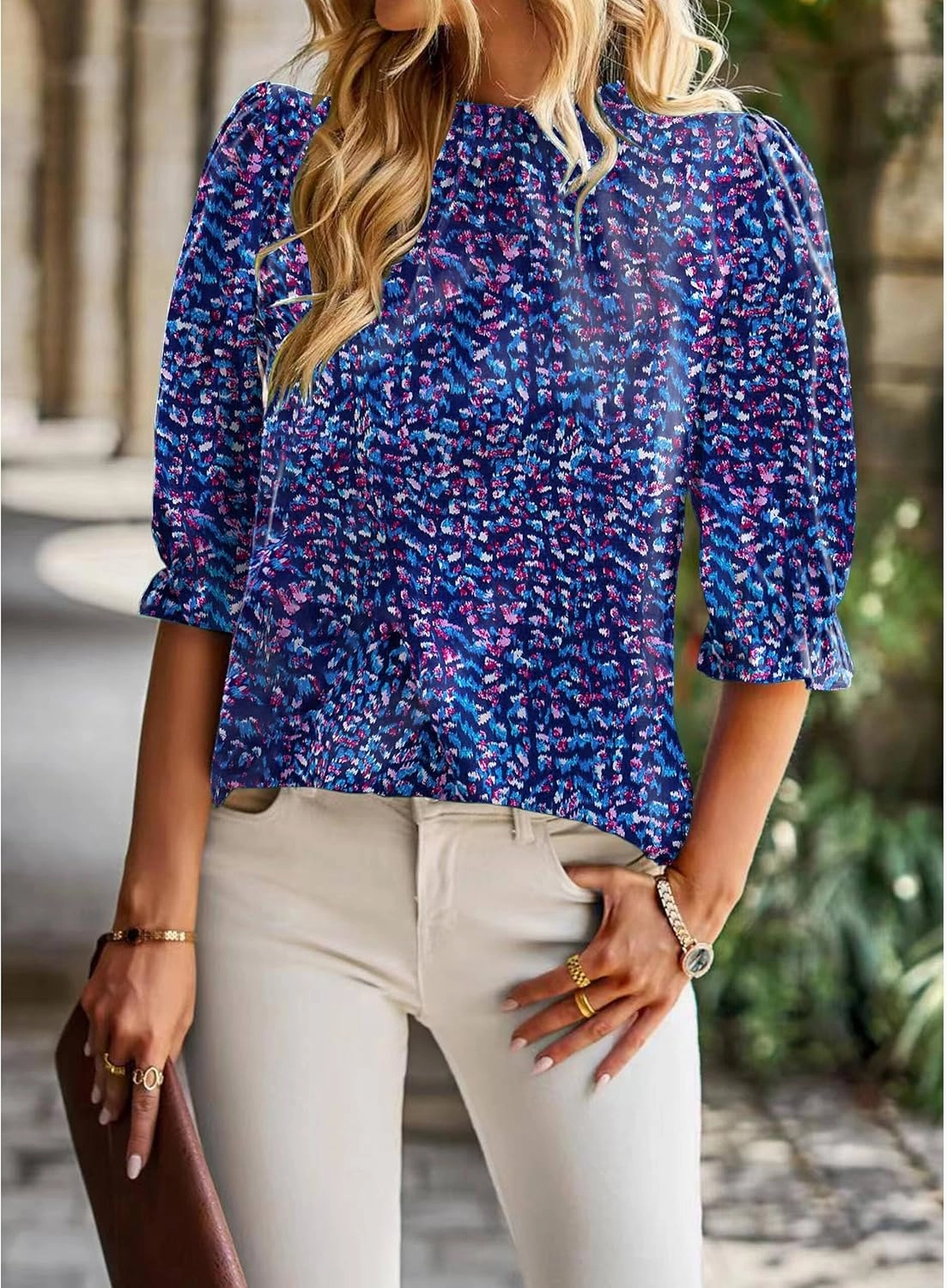 ZILIN Women's Summer Boho Floral Shirt Top Ruffle Mock Neck Puff Short Sleeve 2024 Casual Blouses