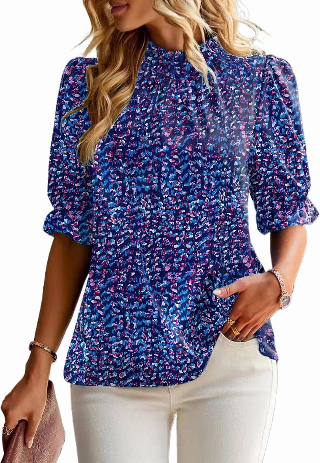 ZILIN Women's Summer Boho Floral Shirt Top Ruffle Mock Neck Puff Short Sleeve 2024 Casual Blouses