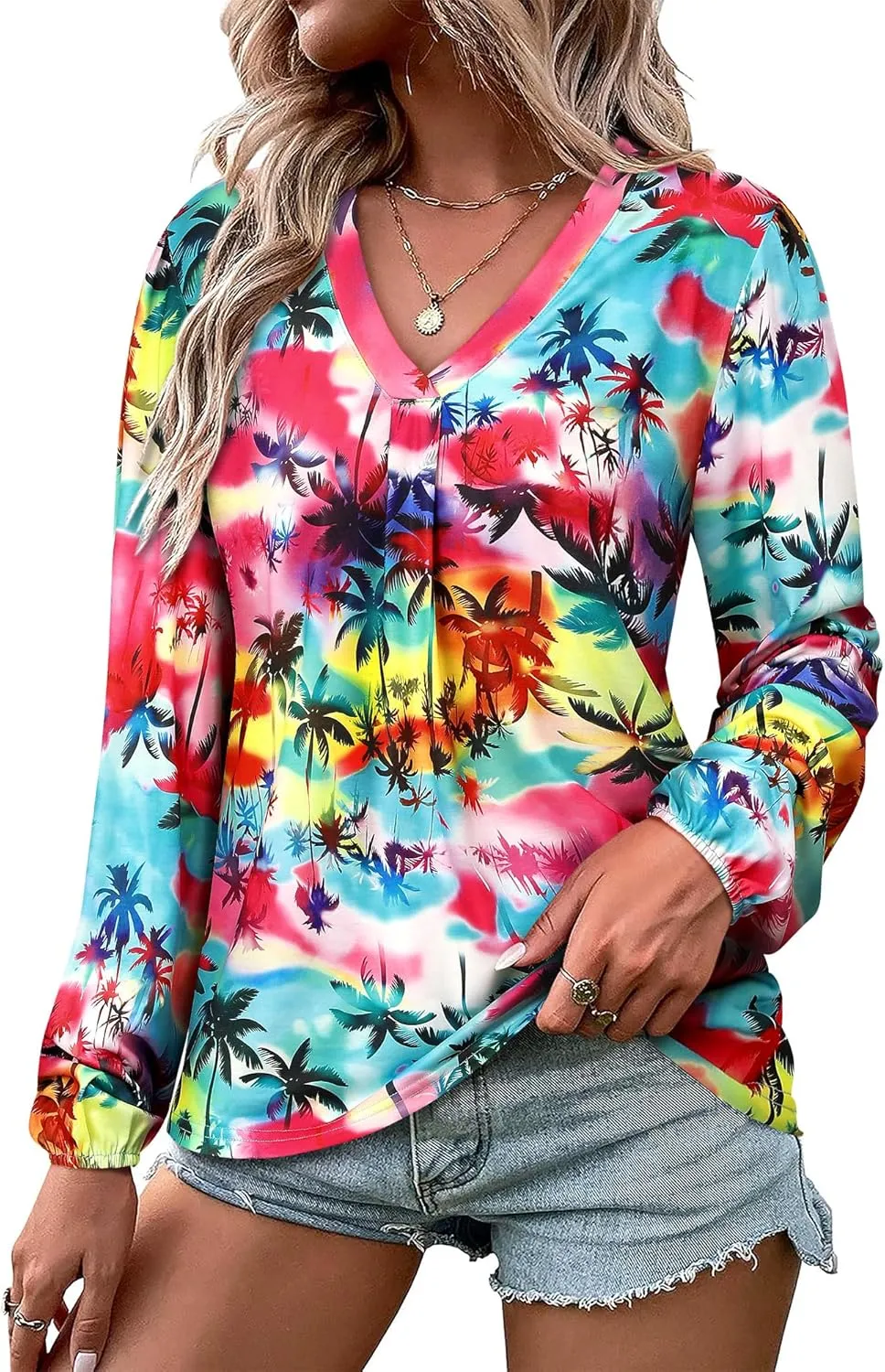 ZXZY Womens Hawaiian Shirt Vintage Leaf Floral Printed Tropical Tops V Neck Puff Long Sleeves Shirts