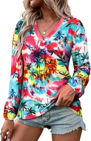 ZXZY Womens Hawaiian Shirt Vintage Leaf Floral Printed Tropical Tops V Neck Puff Long Sleeves Shirts