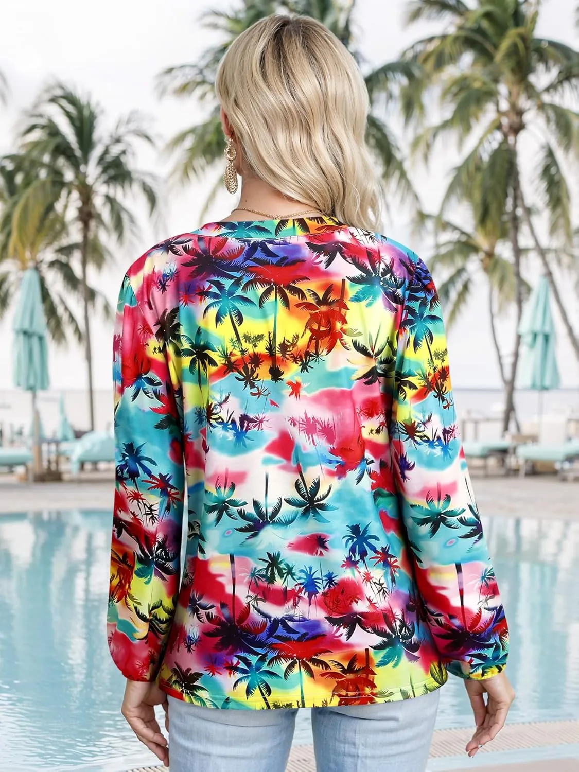 ZXZY Womens Hawaiian Shirt Vintage Leaf Floral Printed Tropical Tops V Neck Puff Long Sleeves Shirts